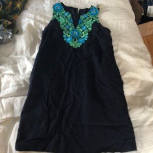 Button-back linen shift dress with embroidery